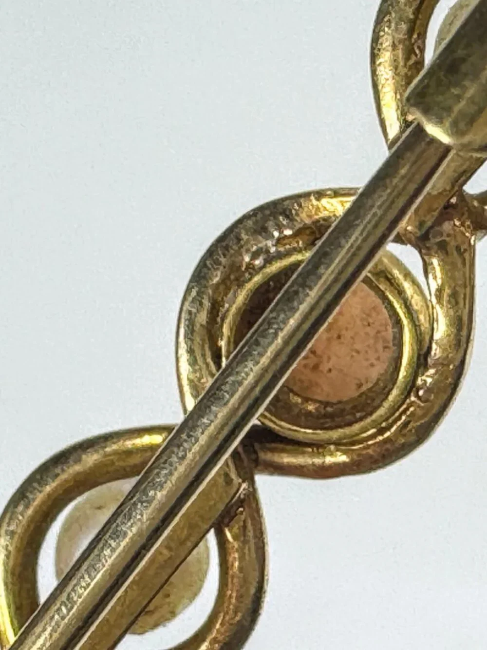 Antique 14K yellow Gold Coral Pearl Infinity bar brooch  1 5/8